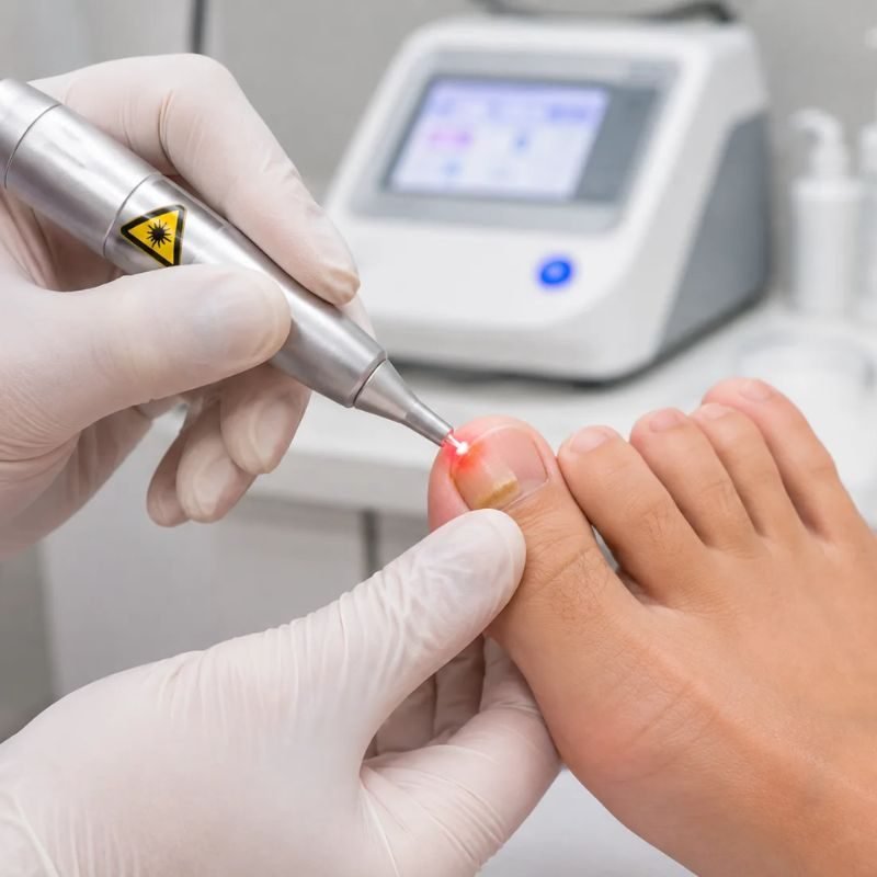 Laserterapia aplicada em unha do pé no consultório de podologia